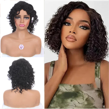 14 Inch Black Water Wave Wig Human Hair, Glueless, Adjustable Cap, Soft Matte Finish wig