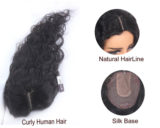 Hair Topper Human Hair Natural Color Silk Base Remy Hair Clip-On Topper with Soft Curly Texture, 14x13 cm Base for Volume & Coverage – Lightweight & Comfortable Wear (18 Inch) Brand By Ritzkart