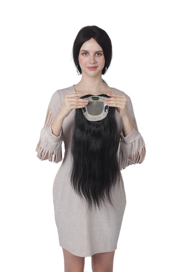 (4x4) Size Natural Black Double Knots Straight Hair Natural remi Human Hair with Mono Silk Base Hand Made Clip In Crown Small Area Topper For Women