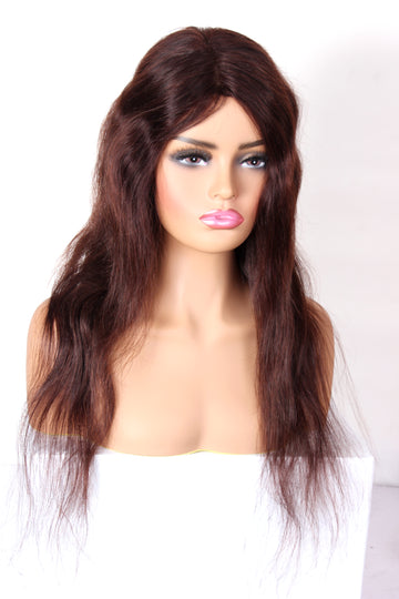 Ritzkart Natural Brown Center Hairline Remy Human hair With Front Extra Tape Grip & Double Skin Base Wavy Hair Full Head Glue less Wig For Women