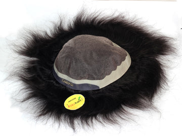 FINE R Regular Mono Base with Half PU Strip Natural Black Hair Patch for Get Feel Real Skin 100% Human Hair Men Wig/Hair Replacement System (Black )