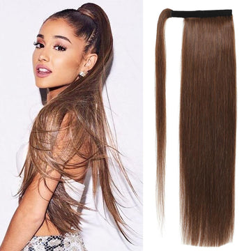 Ritzkart 28 Inch Human Hair Ponytail Extension Straight Remy Human Hair Wrap Around Ponytail Extensions Natural Color Pony Tail Hair Pieces for Women (Medium Brown)