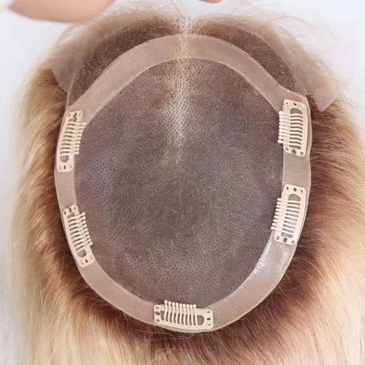 12 inches Hollywood Style Dark Brown Root Blonde Length Toupee Swiss Lace Front Toppers Brazilian Human Hair Wig Topper For Women  size 6x7