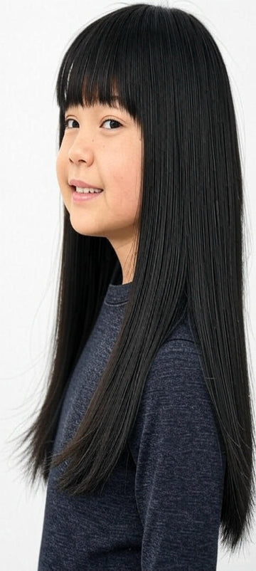 Kids Wig Soft Synthetic Fiber Hair with Front Fringe Style Straight Black 22-Inch Kids Wig for Girls Adjustable 20-Inch Cap with Hooks for Small Head – Lightweight & Comfortable Fit for Dress-Up and Daily Fun