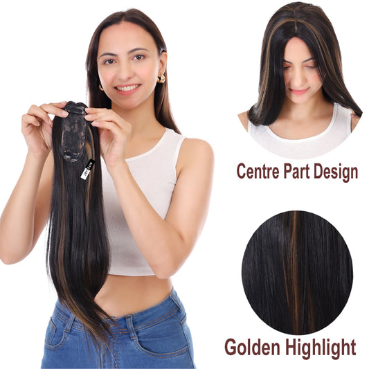 Hair topper for women center hair line topper  Synthetic fiber product , feel natural hair toper all purpose size Black With Golden Highlight Mix Color 20 Inch Front Baldness Coverage stylish By Ritzkart