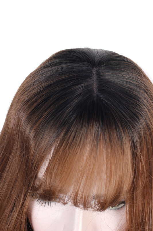 Ombre Hair Wig 32 inch long Natural Brown with black mix Color Wavy hair Front bob Cut Part feel Real Hairline With Double Skin Base  Synthetic  Hair Wig .