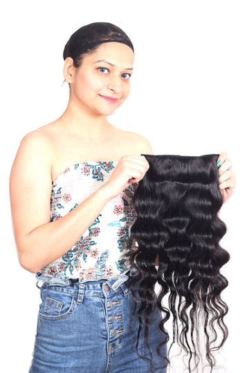 Ritzkart 16-26 Inch Black-Brown Natural Color Wavy Human Hair Extension Natural Body wavy Hair Clip on Extension For Women