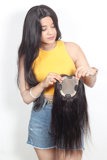 (5x5) Size Straight Double layer Skin Hair Pieces Black remi Human Hair Hand Made Clip In Crown Hairpiece Covering topper Hair Tape Toupee Wigs For Women