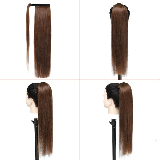 Ritzkart 28 Inch Human Hair Ponytail Extension Straight Remy Human Hair Wrap Around Ponytail Extensions Natural Color Pony Tail Hair Pieces for Women (Medium Brown)