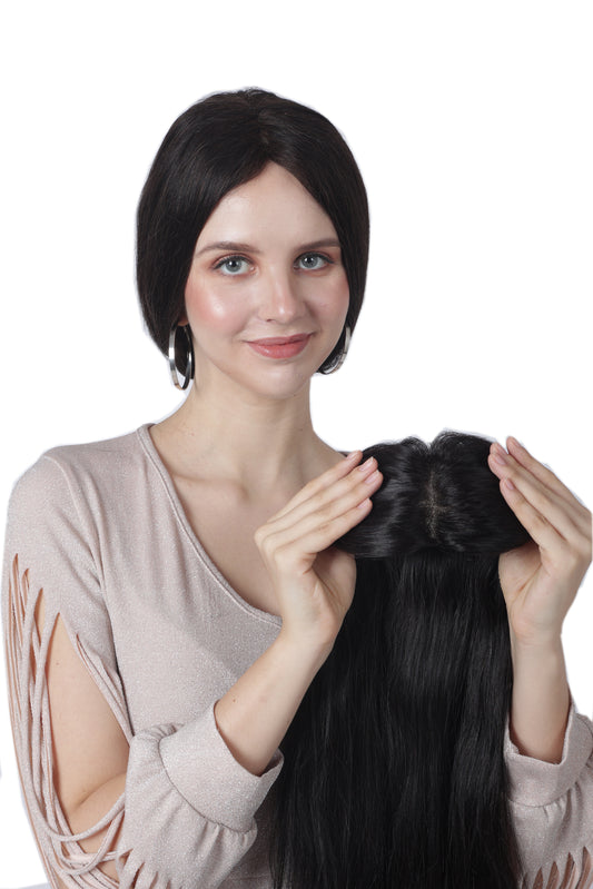 (4x4) Size Natural Black Double Knots Straight Hair Natural remi Human Hair with Mono Silk Base Hand Made Clip In Crown Small Area Topper For Women