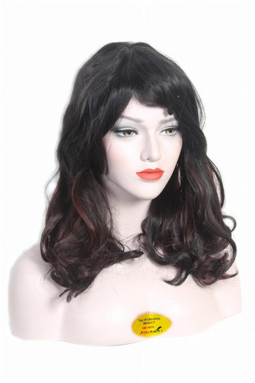 Women Fiber Synthetic Maroon black wavy curly medium hair wig .