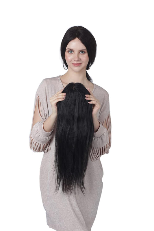 Hair Toupee/Patch Human Hair Natural Black Straight Soft Remy Human Hair Topper with Transparent Mono Base Full-Head Patch for Lightweight & Breathable