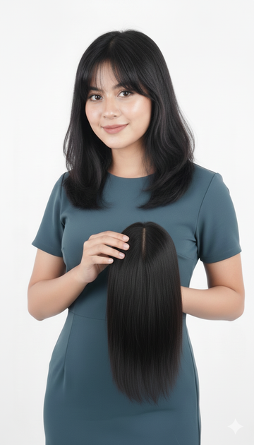 Hair Topper Silk Base Clip On – Straight Human Hair Topper for Women – Natural Black, Real Human Hair, Mini Scalp Topper for Thinning Hair Front & Top (24 inch)