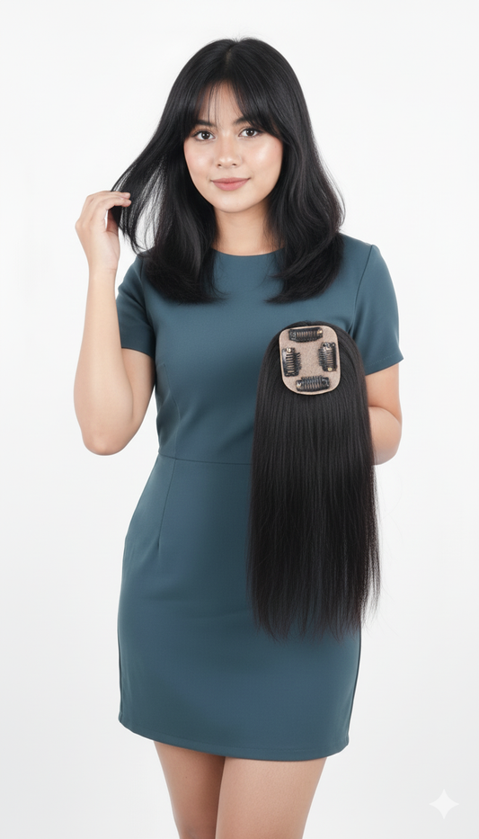 Hair Topper Silk Base Clip On – Straight Human Hair Topper for Women – Natural Black, Real Human Hair, Mini Scalp Topper for Thinning Hair Front & Top (24 inch)