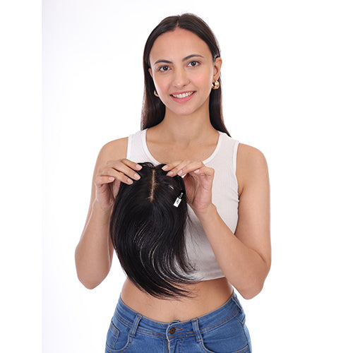 Ritzkart 12 Inch Silk Base Top Hair Piece Straight Human Hair Centre Part Design Clip On Hair Topper (Black)