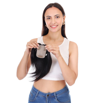 Ritzkart 12 Inch Silk Base Top Hair Piece Straight Human Hair Centre Part Design Clip On Hair Topper (Black)