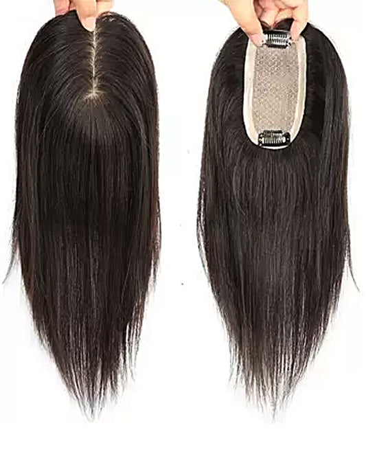 (2x4) Size Natural Black Double Knots Straight Hair Natural remi Human Hair with Mono Silk Base Hand Made Clip In Crown Small Area Topper For Women