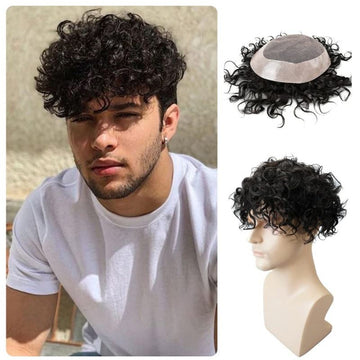 Men’s Hair Patch Mono Lace with PU Perimeter – 100% Human Hair Toupee with 20mm Curly Texture – Natural Black Hair Replacement System for Men – Lightweight & Breathable Mono Base – Durable, Realistic Wig for Hair Loss or Styling