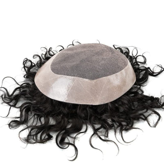 Men’s Hair Patch Mono Lace with PU Perimeter – 100% Human Hair Toupee with 20mm Curly Texture – Natural Black Hair Replacement System for Men – Lightweight & Breathable Mono Base – Durable, Realistic Wig for Hair Loss or Styling