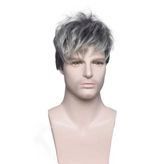 Men Wig Synthetic Hair Silver-Gray Color of Front With Top & Dark Brown Color from Back and Sides Men’s Two-Tone Synthetic Hair Wig Wavy on Top, Straight at Back Free Size Elastic Cap with Inner Hooks for Comfortable Fit – Stylish Fiber Wig for Men