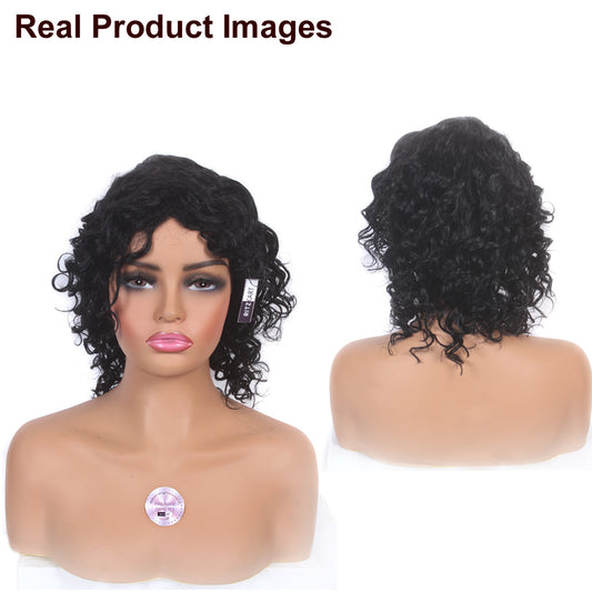14 Inch Black Water Wave Wig Human Hair, Glueless, Adjustable Cap, Soft Matte Finish wig