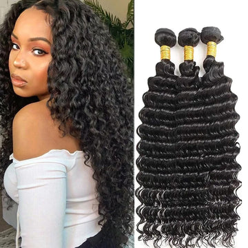 Bundles Hair Weft Deep Curly Natural Black Human Hair 100% Unprocessed Virgin Hair, Soft & Bouncy, Tangle-Free, Great -Quality 3 Bundles for Full Voluminous Hairstyles For Women (DSP)