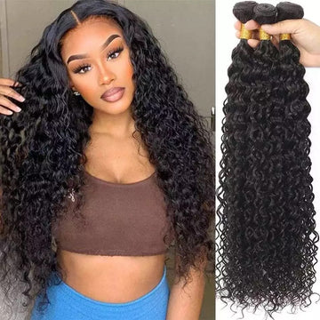 Bundle Hair Weft Water Wave Human Hair 3 Bundles Natural Black Unprocessed Virgin Curly/Wavy Hair Bundles for Seamless Weaving, Tangle-Free Bundle Hair Extensions for Women (DSP)