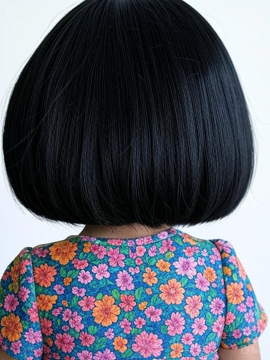 Kids Wig for Girls – 10 Inch Straight Bob Cut Wig with Front Fringe and Center Part – Soft Black Fiber Synthetic Hair Wig for Children – Adjustable 18 Inch Cap with Hooks for Small Head Size