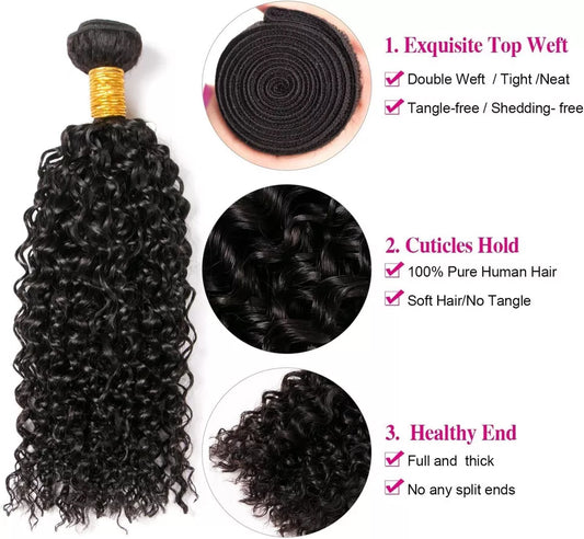 Bundle Hair Weft Water Wave Human Hair 3 Bundles Natural Black Unprocessed Virgin Curly/Wavy Hair Bundles for Seamless Weaving, Tangle-Free Bundle Hair Extensions for Women (DSP)