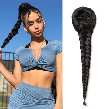 Fishtail Braid Ponytail Extension 16-Inch Natural Color Synthetic Hair with Hair Bun Braid Design, Elastic Thread Attachment for Secure Fit – Perfect for Women Seeking Effortless Style and Volume