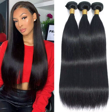 Double Drawn Hair Bundles 100% Natural Black Human Hair Weft Straight Virgin Hair, Full & Thick from Top to End, Tangle-Free & Shedding-Free, 3 Bundles for Sleek, Voluminous Hairstyles (DSP)
