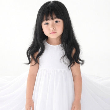 Kids Wavy Black Soft Synthetic Fiber Hair with Front Fringe Style 22-Inch Kids Wig for Girls Adjustable 19-Inch Cap with Inner Hook for Comfortable Fit – Long, Lightweight Wig for Small Head Sizes & Dress-Up Fun