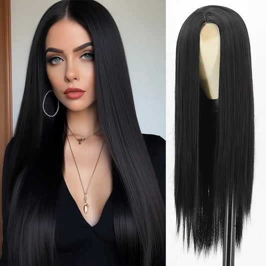 Mid-length Long Hair Black Long Straight Daily Full-head Wig Style