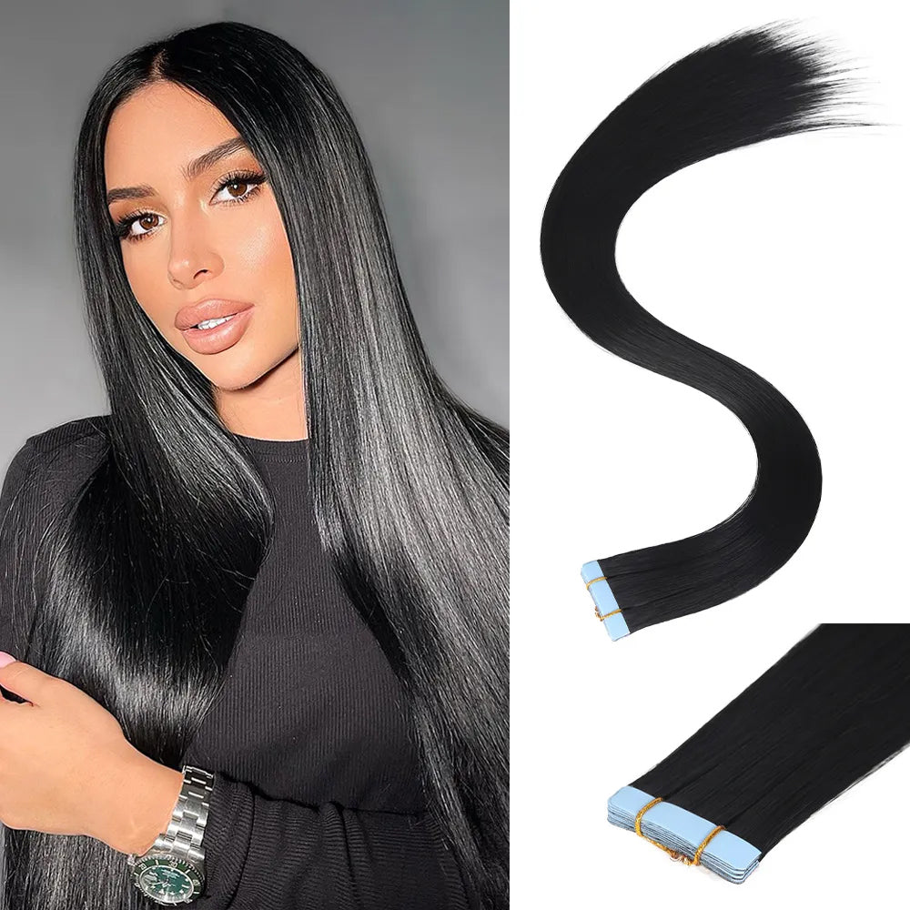 Tape-in Extensions for Girls & Women - Double Sided Tape Natural Straight Synthetic Soft & Silky Long Hair Natural Color Synthetic Hairpiece - 10 pc Set , Size = 20 Inch Seamless Tape-In Extensions by Ritzkart