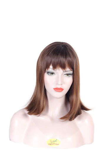 Ritzprime Bob Medium Ombre Style Women Hair Wig 20 Inch long Dark Brown & Half Light Brown Natural Color Feel Real Hairline Front Bob Fringe With Double Skin Base Hair Wig .