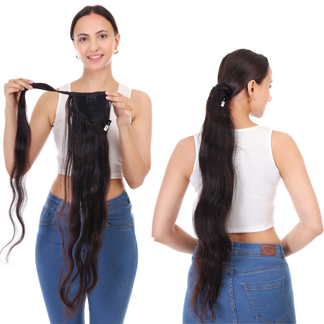 Ponytail Human Hair Straight Long , Ponytail For Women & Girls Premium Remy Human Hair, Natural Dark Brown Wrap Around Ponytail Extension with Velcro Tape & Clip for Comfortable Fit Perfect for Women & Girls (28 Inch) Brand By Ritzkart