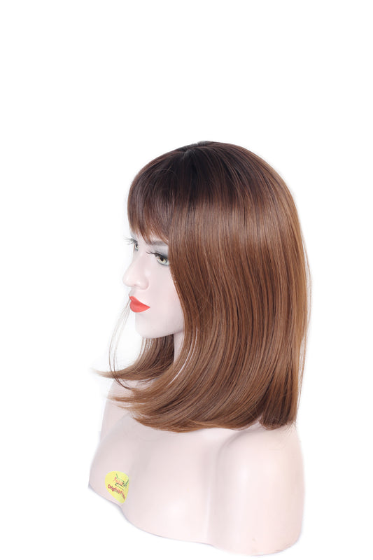 Ritzprime Bob Medium Ombre Style Women Hair Wig 20 Inch long Dark Brown & Half Light Brown Natural Color Feel Real Hairline Front Bob Fringe With Double Skin Base Hair Wig .