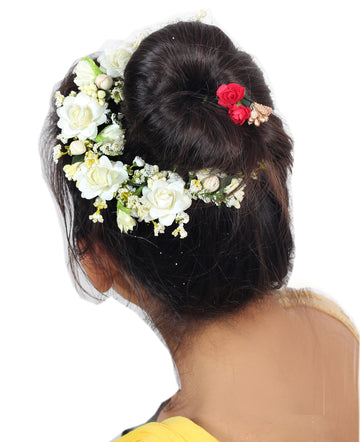 Beautiful 1 PC Real Feel Flower bun Accessories for Women, Artificial gajra Hair Bun Accessories for Occasion/Festival, White peals