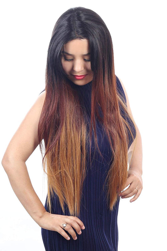 Hair Wig Soft Synthetic Fiber 28 Inch Long Straight Ombre Hair Wig for Women Real Look 2 Tone Color Centre Part Full Head Wig with 23 Inch Adjustable Cap Size No Tape, No Glue, Easy Hook Cap Natural Looking Comfortable Hair Wig for Special Occasions