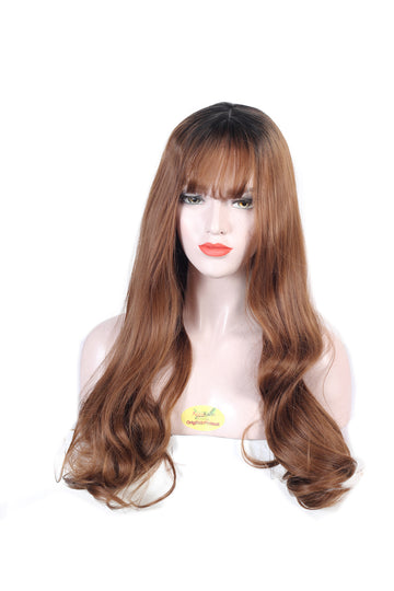 Ombre Hair Wig 32 inch long Natural Brown with black mix Color Wavy hair Front bob Cut Part feel Real Hairline With Double Skin Base  Synthetic  Hair Wig .