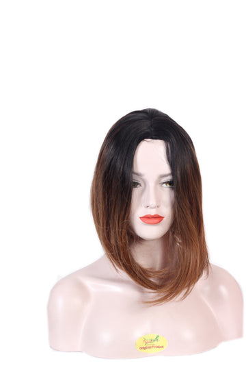 Ritzprime Hair Wig Ombre Style Shoulder Length 16 Inch long dark brown golden Mix Color Feel Real Straight Hairline With Bob Cut Air bang Double Skin Base Hair Wig