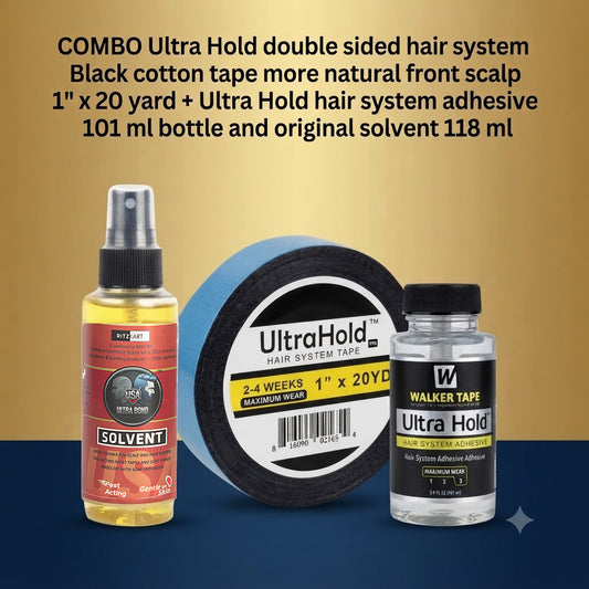 Ultra Hold Hair System Kit Double Sided Black Cotton Tape For More Natural front Scalp 20 Yard, Original Adhesive Remover Solvent 118ml, Hair System Glue 101ml Wig/Toupee Attachment Supplies