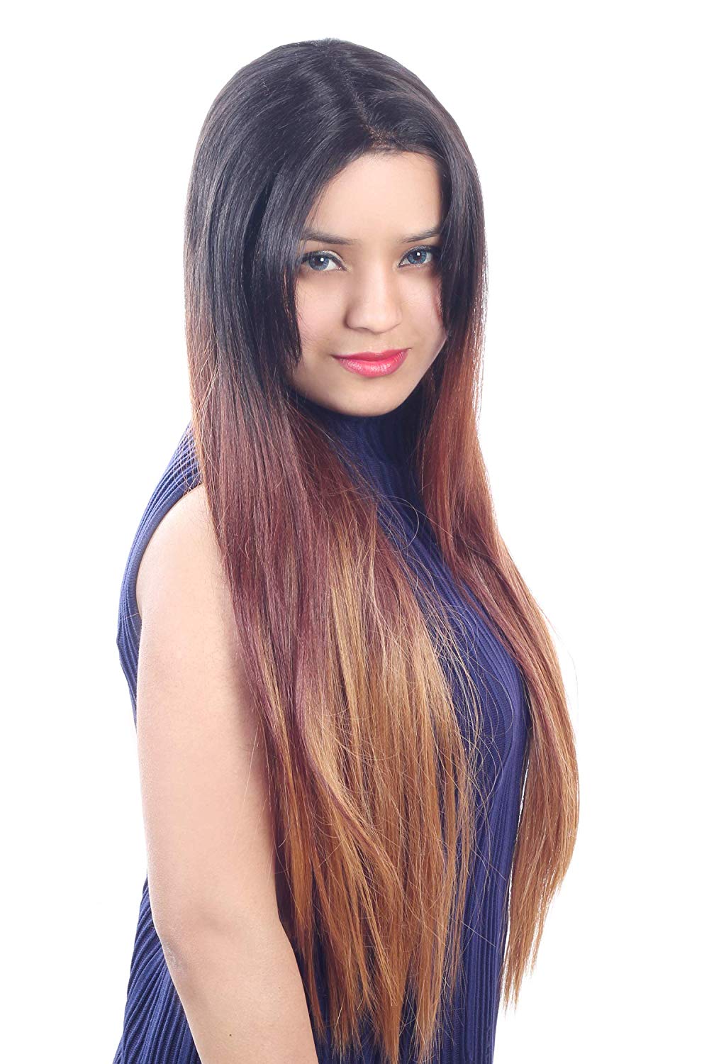 Hair Wig Soft Synthetic Fiber 28 Inch Long Straight Ombre Hair Wig for Women Real Look 2 Tone Color Centre Part Full Head Wig with 23 cm Adjustable Cap Size No Tape, No Glue, Easy Hook Cap Natural Looking Comfortable Hair Wig for Special Occasions
