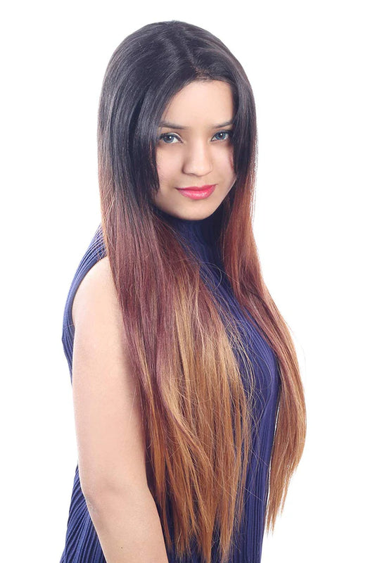 Hair Wig Soft Synthetic Fiber 28 Inch Long Straight Ombre Hair Wig for Women Real Look 2 Tone Color Centre Part Full Head Wig with 23 Inch Adjustable Cap Size No Tape, No Glue, Easy Hook Cap Natural Looking Comfortable Hair Wig for Special Occasions