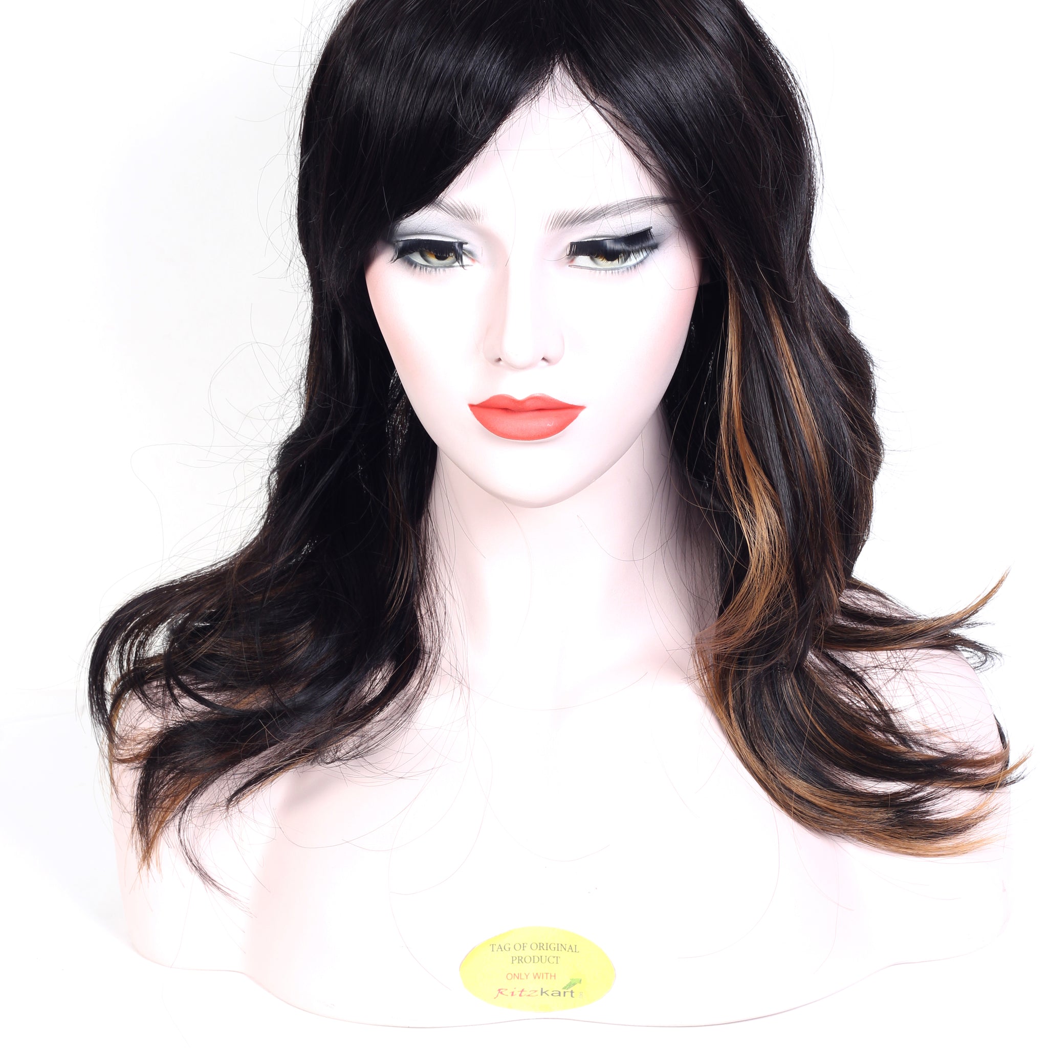 Ritzkart 22 inch Black & Golden Highlight Wavy Long Original Korean Fiber Synthetic Soft Hair Full Head Glueless Hair Wig For Women