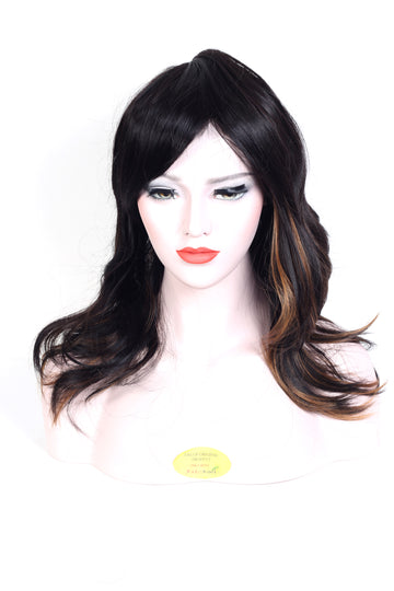 Ritzkart 22 inch Black & Golden Highlight Wavy Long Original Korean Fiber Synthetic Soft Hair Full Head Glueless Hair Wig For Women