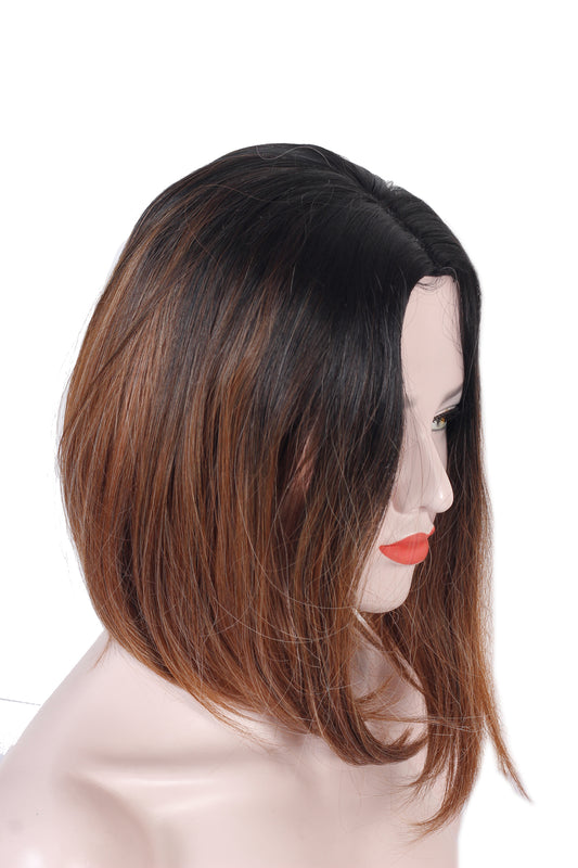 Ritzprime Hair Wig Ombre Style Shoulder Length 16 Inch long dark brown golden Mix Color Feel Real Straight Hairline With Bob Cut Air bang Double Skin Base Hair Wig