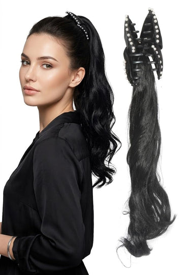 18 Inch Black Wavy Curly Ponytail Hair Extension for Women Synthetic Claw Clip Attachment Instant Volume & Length