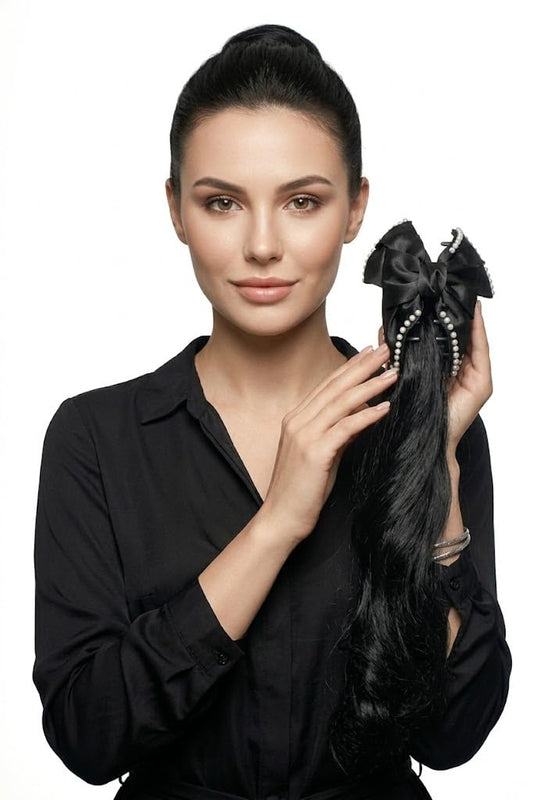 18 Inch Black Wavy Curly Ponytail Hair Extension for Women Synthetic Claw Clip Attachment Instant Volume & Length