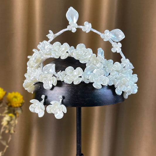 Bride Pearl Crown Earring Set Hair Accessories